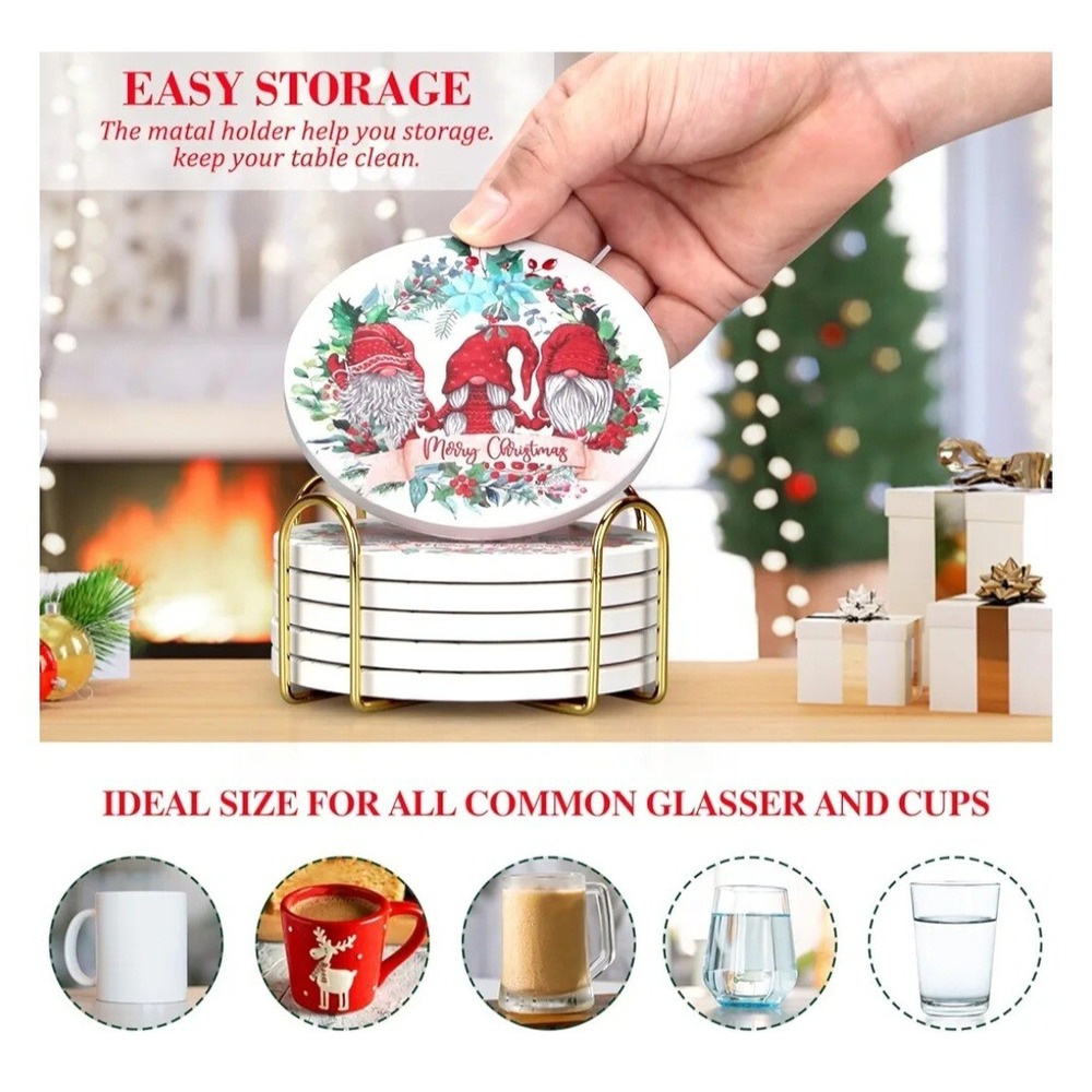 NEW Gnome Christmas Bar Coasters Set of 6 Absorbent Stone Coasters w Holder - Picture 2 of 7
